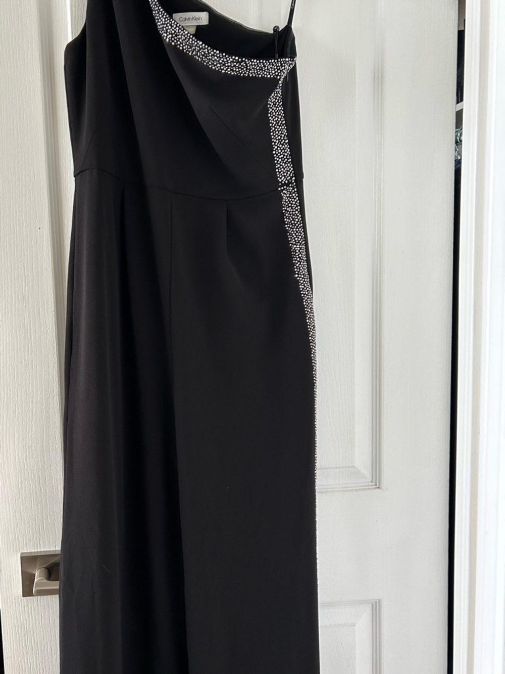 Calvin Klein Black One-Shoulder Gown trouser  with Crystal-Effect Trim